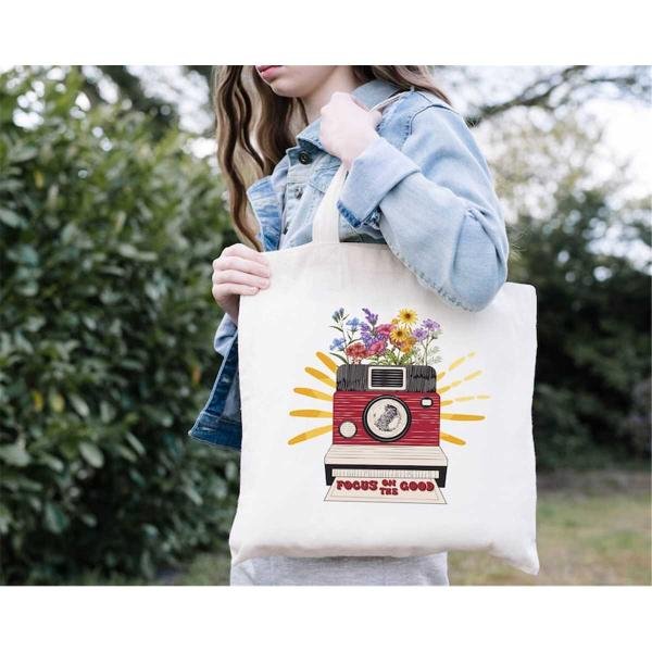 Focus On The Good Analog Camera Tote Bag Motivational Camera Quotes Tote Floral Camera Tote Vintage 