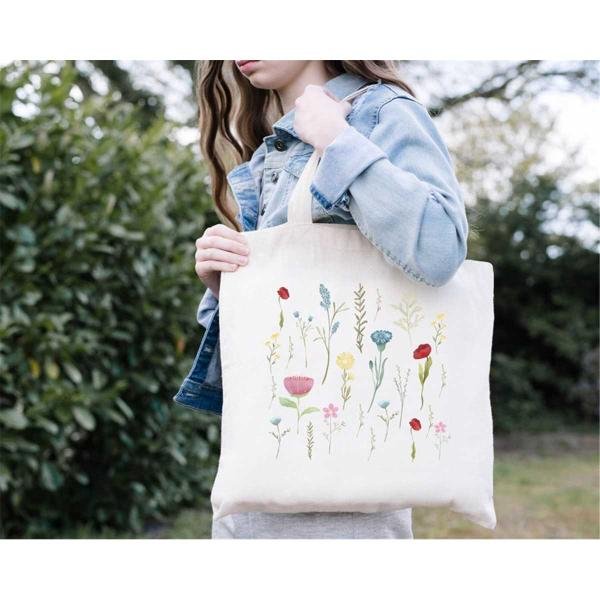 Wildflower Tote Bags, Spring Flowers Tote Bag, Floral Shopping Bag, Trendy Botanical Grocery Bag, Fl