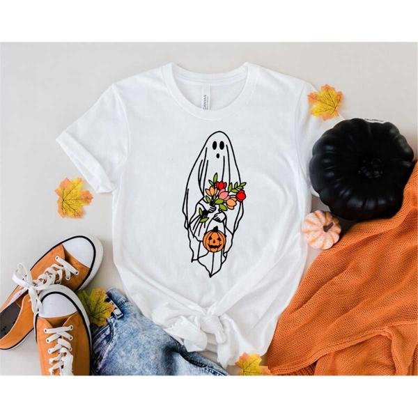 Jack-O-Lantern Shirt, Floral Ghost Halloween Shirt, Ghost Cute Pumpkin Halloween Party
