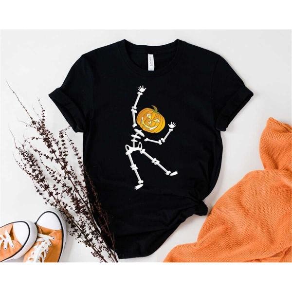 Skeleton Halloween Shirt, Skull Pumpkin Funny Halloween Party Costume T-Shirt, Funny Halloween Shirt