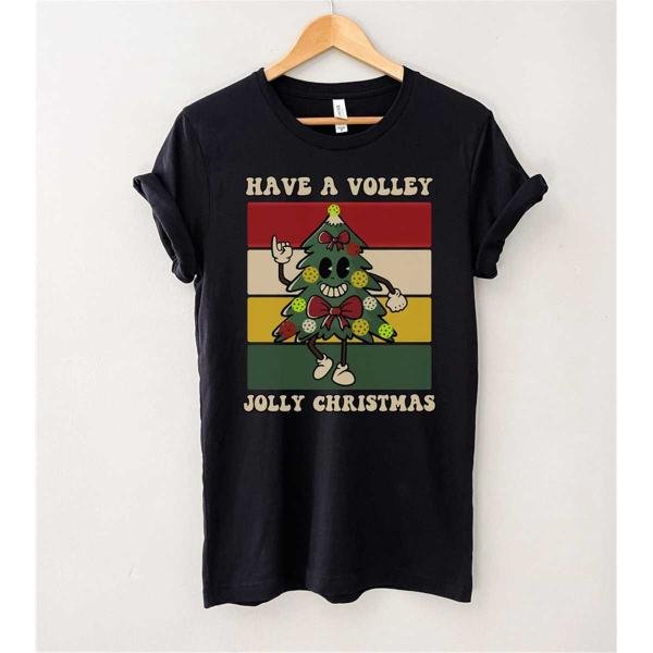 Funny Pickleball Saying Retro Sunset Christmas Tree Shirt, Have a Volley Jolly Christmas T-Shirt