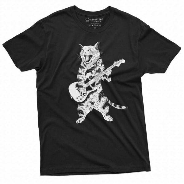Cat Guitarist Rock Music Tee Shirt Music Band Rock T-Shirt