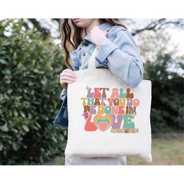 Christian Mama Tote, Let All That You Do Be Done In Love 1 Corinthians 16:14 Canvas Bag, Bible Verse