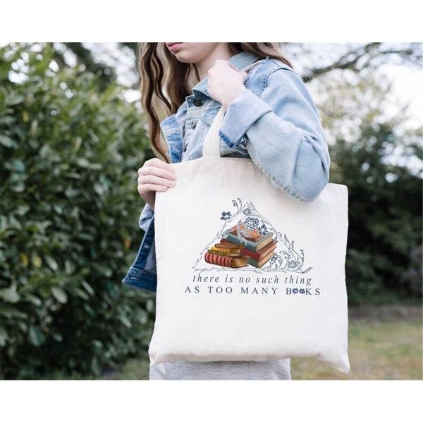 Vintage Book Canvas Bag, There Is No Such Thing As Too Many Books Tote Bag, Flower Book Tote Bag, Bo