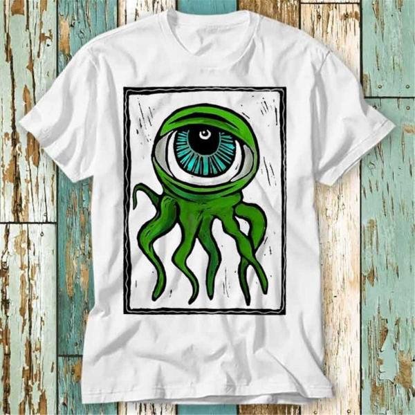 Eyeball Octopus Monster Green Woodcut T Shirt Top Design T-Shirt