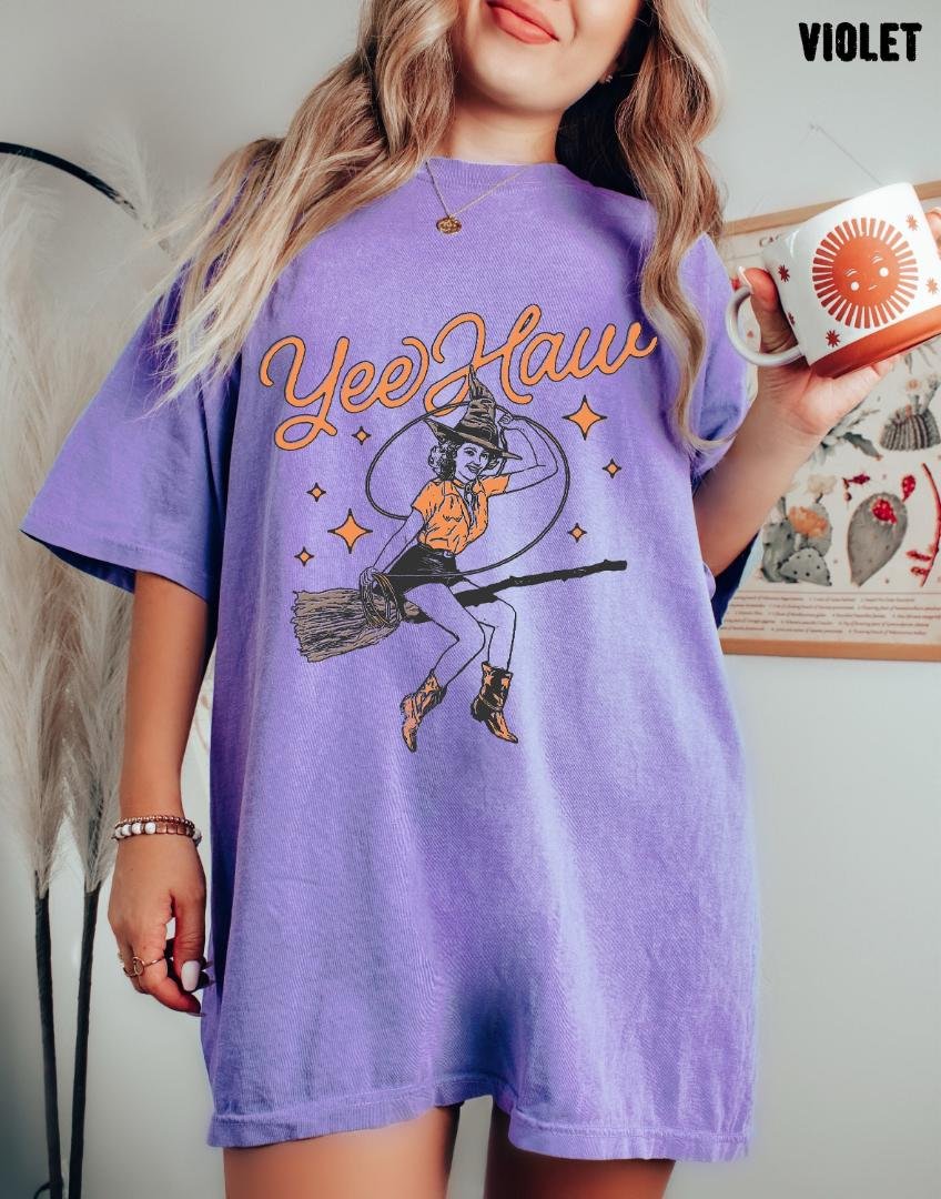 Witch Cowgirl Tee, Yee Haw Vintage Halloween Cowgirl Witch Oversized T Shirt