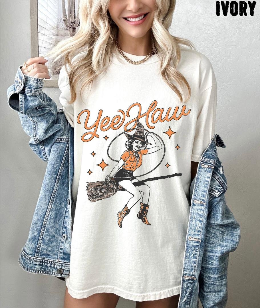 Witch Cowgirl Tee, Yee Haw Vintage Halloween Cowgirl Witch Oversized T Shirt