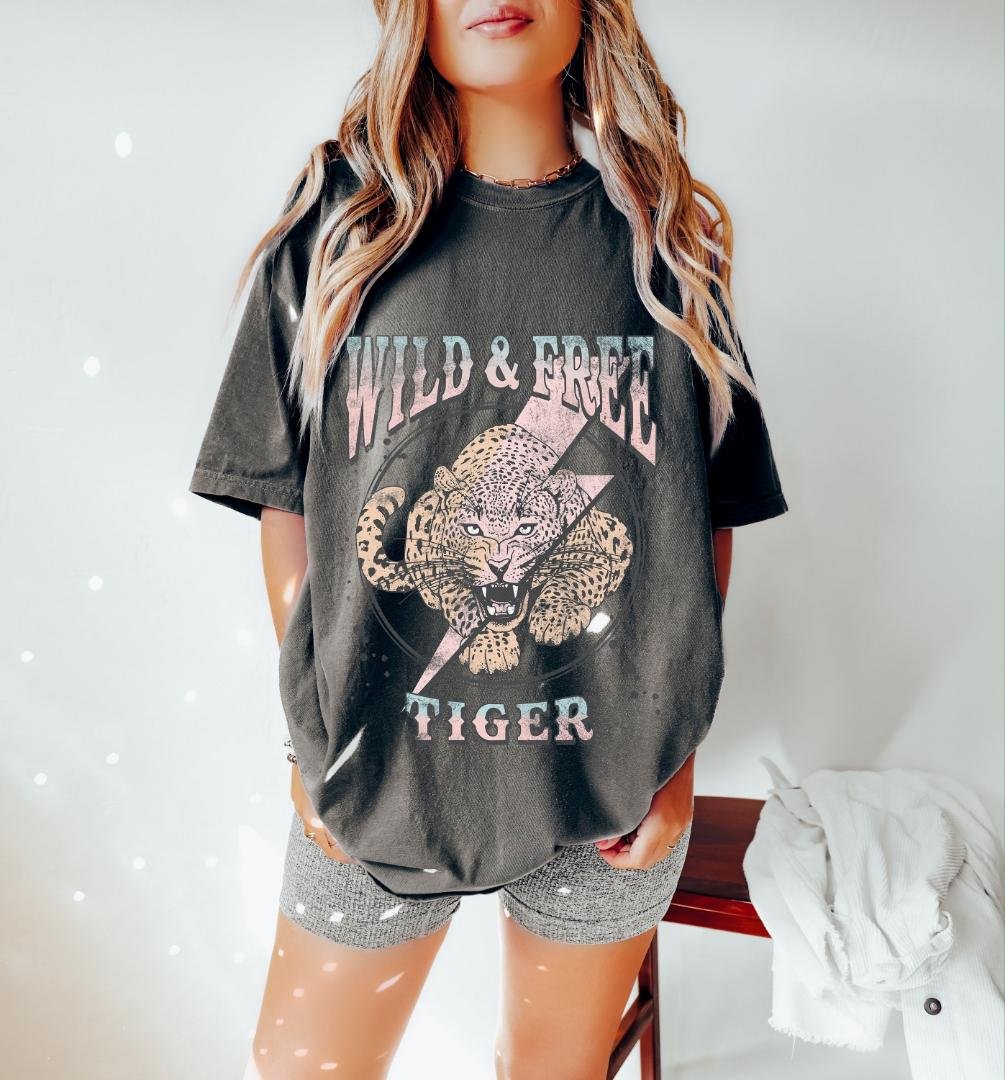 Tshirt, Wild And Free Tiger Oversized TShirt, Graphic Tees For Women
