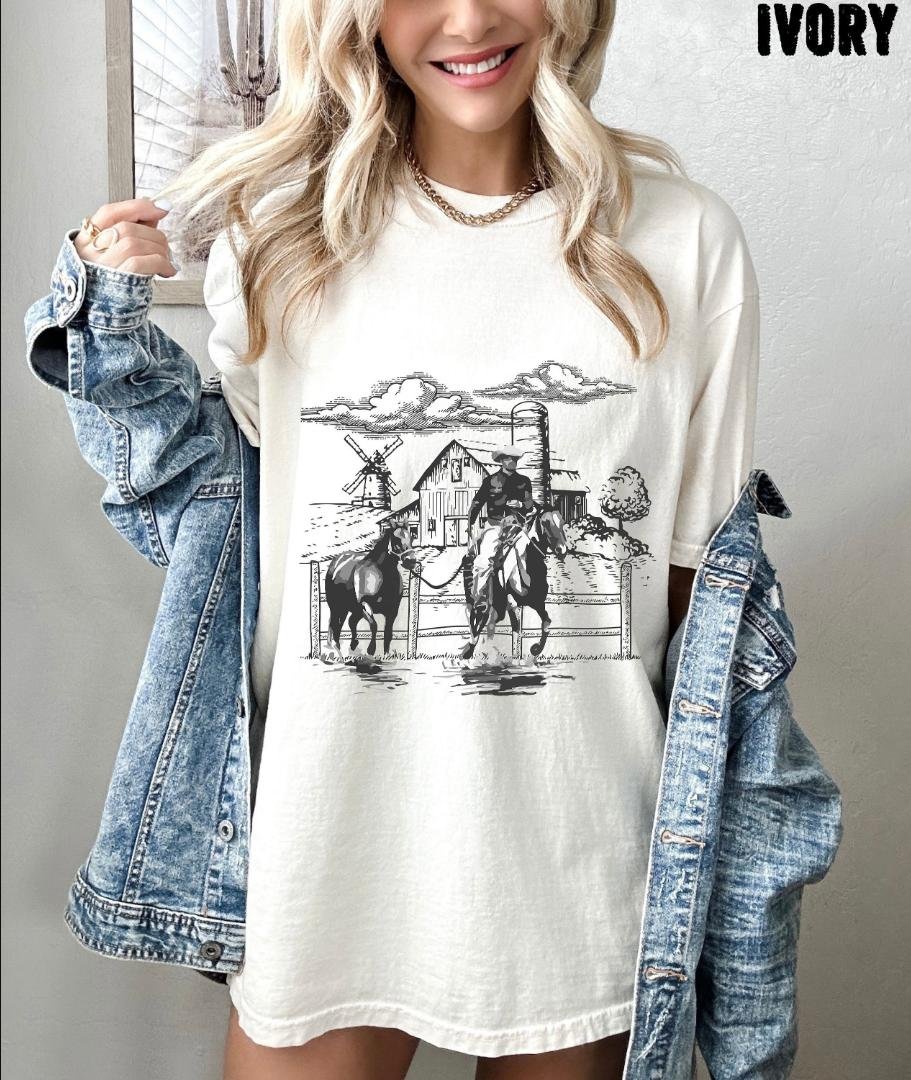 Vintage Tshirt, Western Cowboy Oversized Shirt, Cowboy Shirt