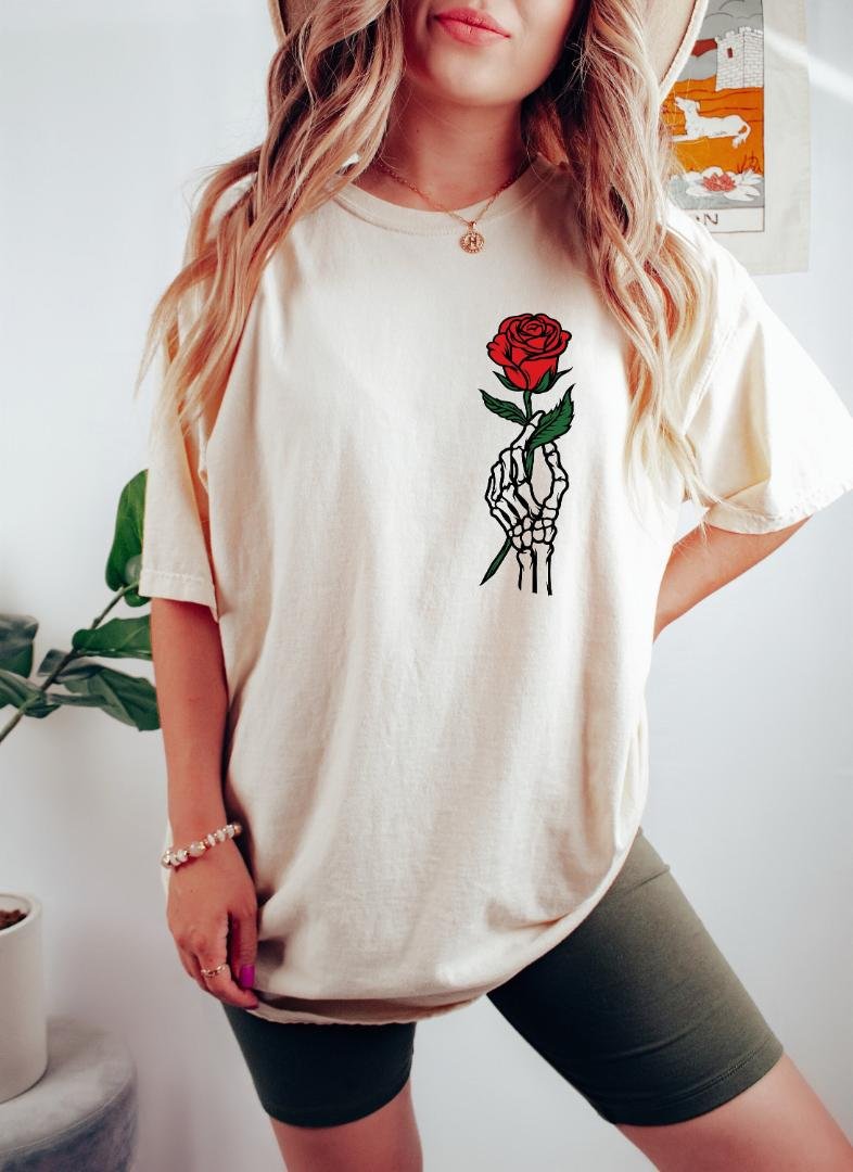 Skeleton Shirt, Skeleton Holding Rose Oversized Vintage T-Shirt, Halloween Shirt