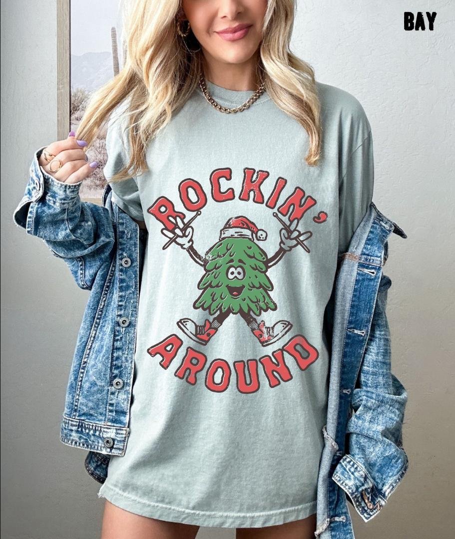 Christmas Tree Retro Shirt, Rockin Around Oversized Christmas Shirt