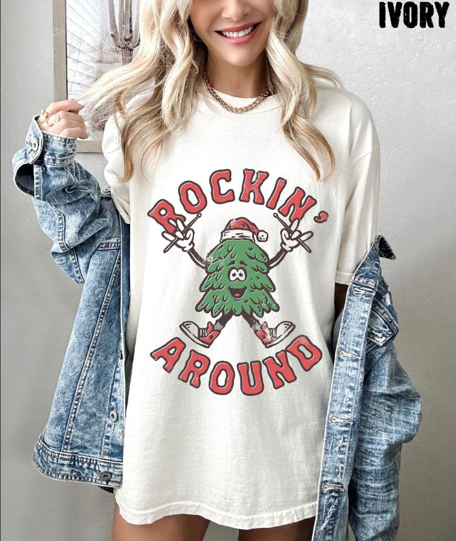 Christmas Tree Retro Shirt, Rockin Around Oversized Christmas Shirt