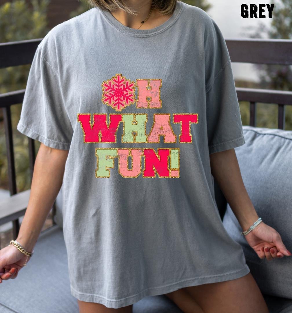 Pink Christmas Shirt, Oh What Fun! Christmas Oversized Vintage Tshirt, Glitter Christmas Shirt