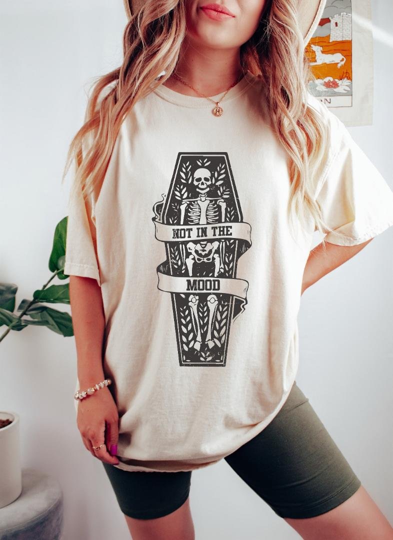 Skeleton In Coffin Shirt, Not In The Mood Oversized Vintage T-Shirt, Skeleton On Gravestone Shirt