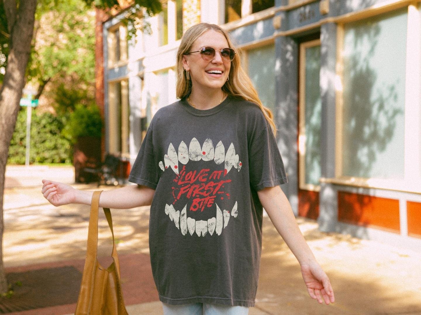 Halloween Shirt, Love at First Bite Vampire Fangs Oversized Shirt, Tshirt