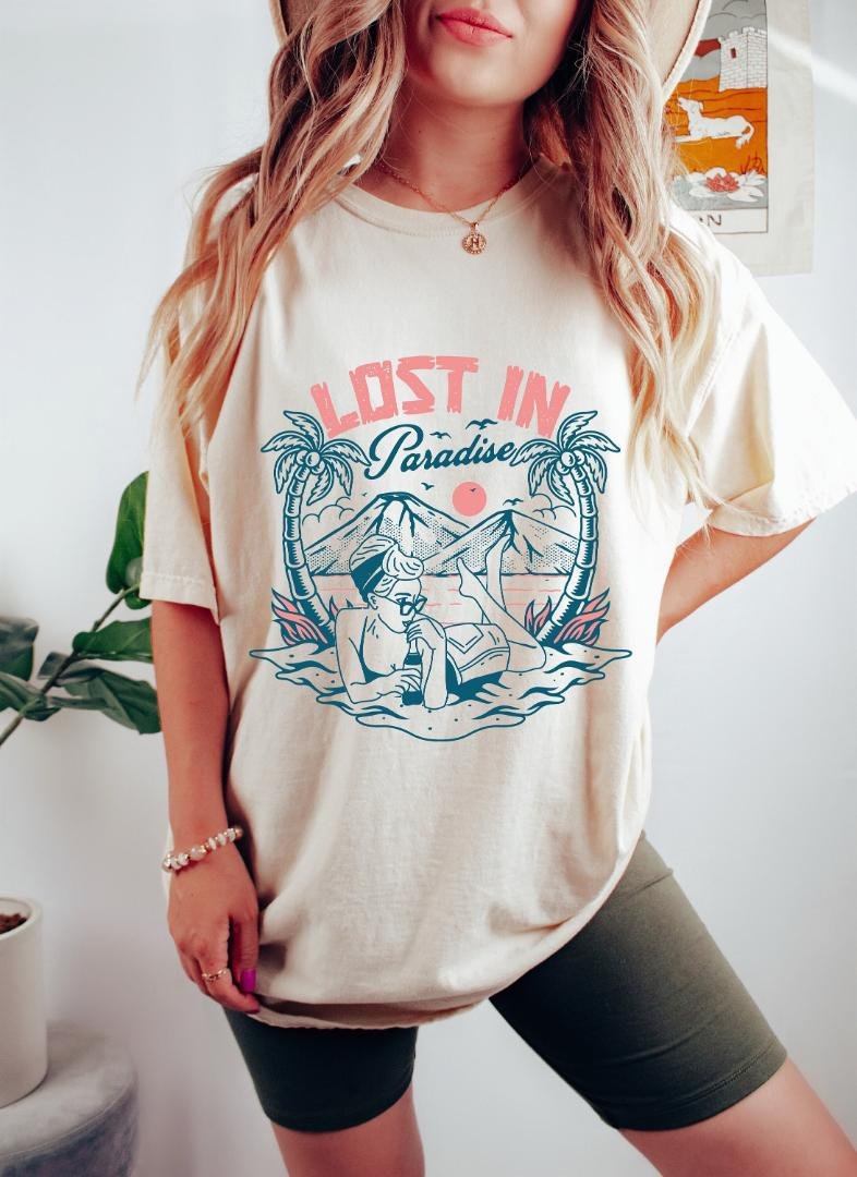 Summer Shirt, Lost in Paradise Oversized TShirt, Graphic Tees For Women