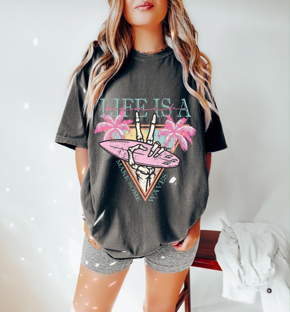 Surfing Skeleton Shirt, Life is a Beach Make Some Waves Oversized TShirt, shirt