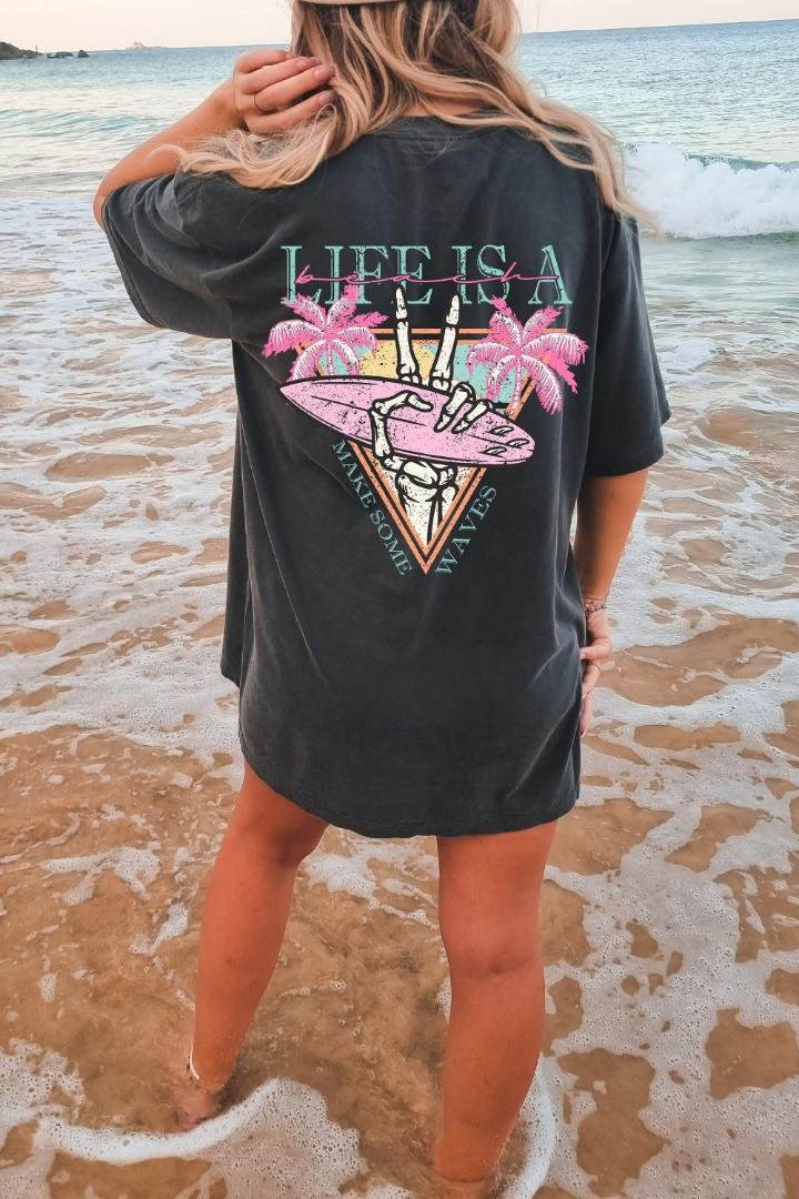 Surfing Skeleton Shirt, Life is a Beach Make Some Waves Oversized TShirt, shirt