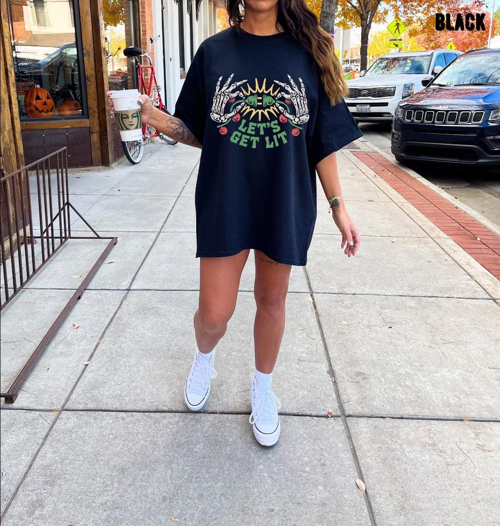 Skeleton Christmas Shirt, Lets Get Lit Skeleton Christmas Oversized Vintage Tee