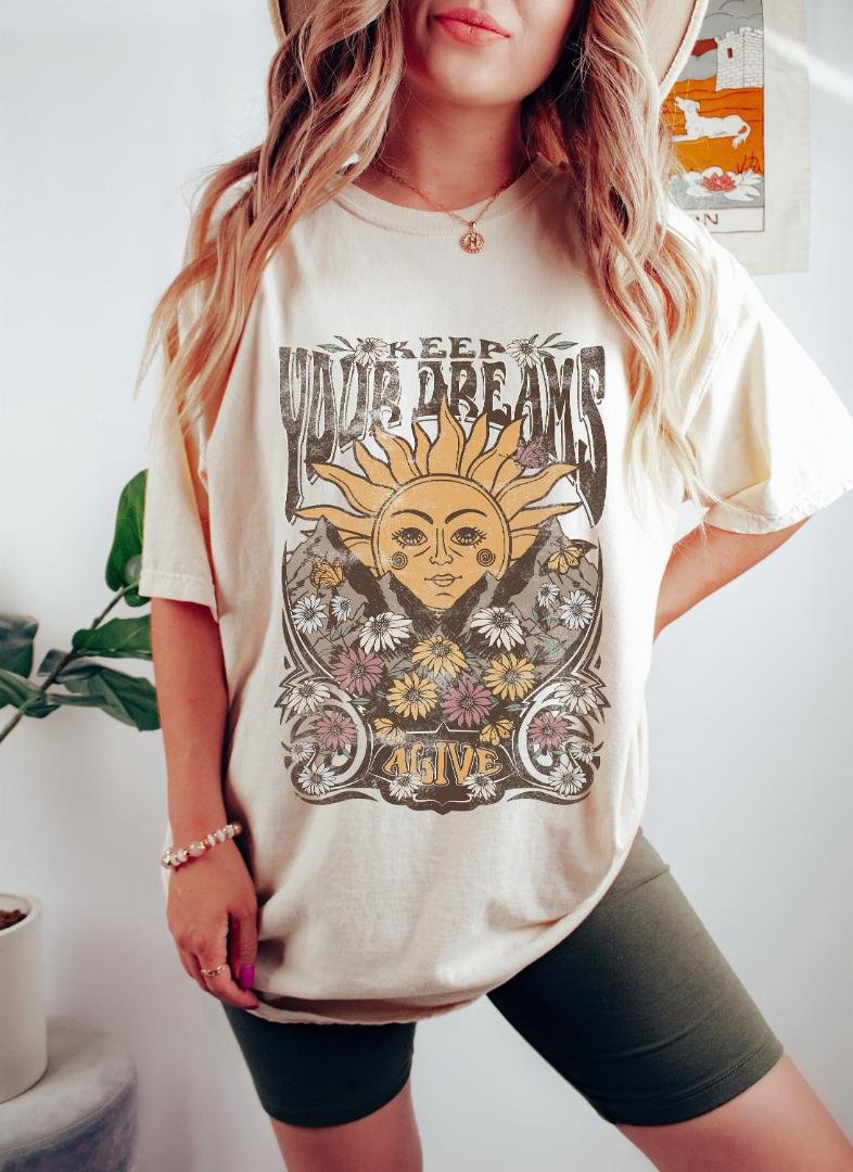 Boho Sun Moon Shirt, Keep Your Dreams Alive Oversized Vintage T-Shirt, Stay Positive Shirt