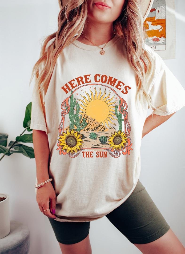 Vintage Inspired Cotton T-shirt, Here Comes The Sun Shirt, Retro Beach Graphic Shirt