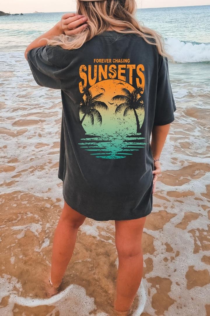 Tshirt, Forever Chasing Sunsets Oversized TShirt, Womens Graphic Tees