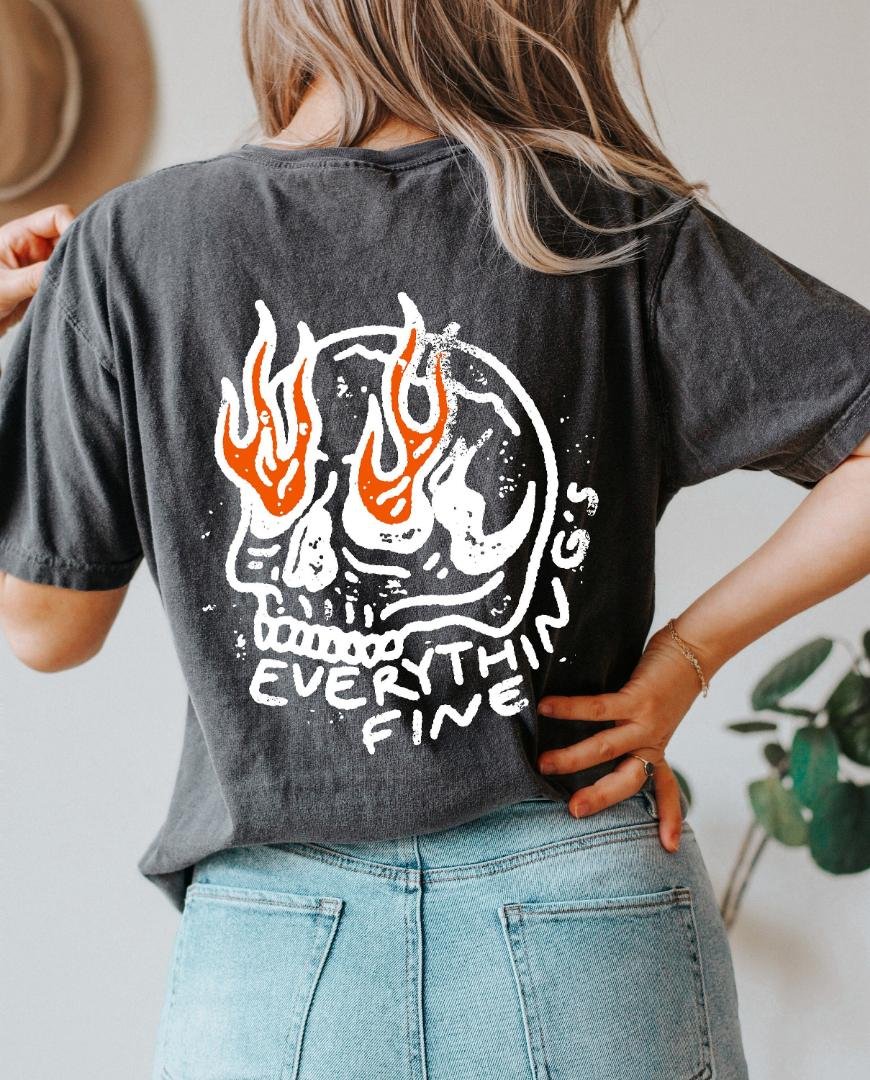 Shirt, Everything is Fine Skeleton Oversized Vintage T-shirt, Funny Skeleton Shirt