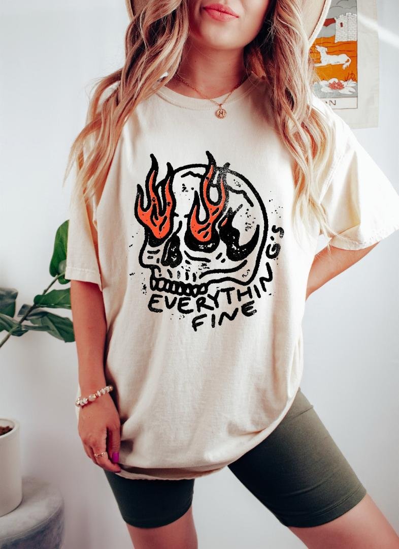 Shirt, Everything is Fine Skeleton Oversized Vintage T-shirt, Funny Skeleton Shirt