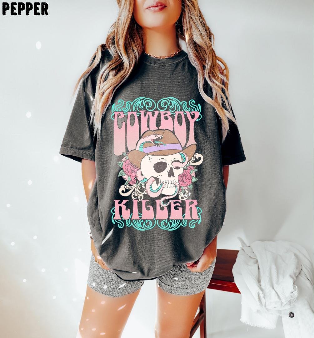 Cowboy Skeleton Shirt, Cowboy Killer Skeleton Oversized Vintage T Shirt, Tee