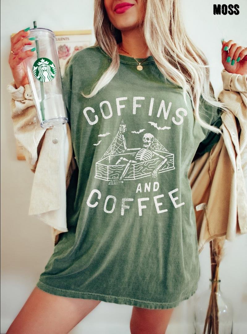 Skeleton Shirt, Coffins And Coffee Skeleton Oversized Shirt, Halloween Skeleton Shirt