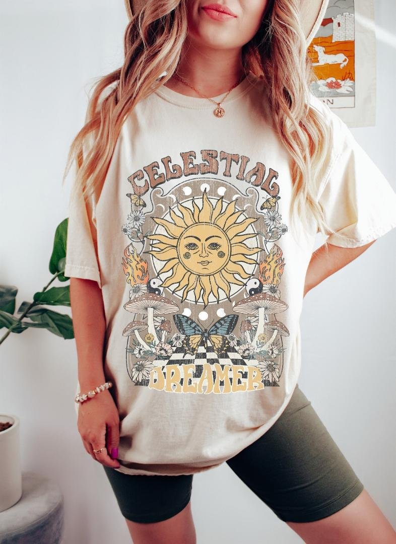 Boho Sun Moon Shirt, Celestial Dreamer Mushroom Oversized Vintage T-Shirt, Mushroom Shirt