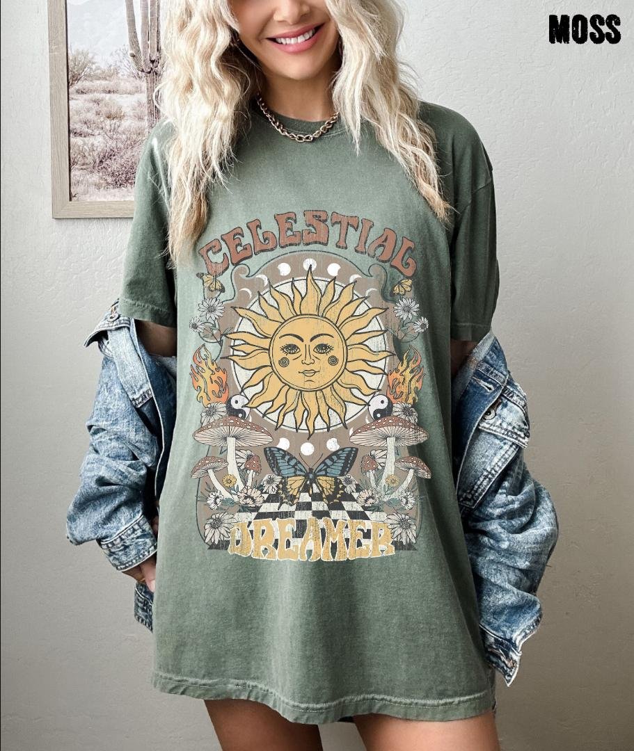 Boho Sun Moon Shirt, Celestial Dreamer Mushroom Oversized Vintage T-Shirt, Mushroom Shirt