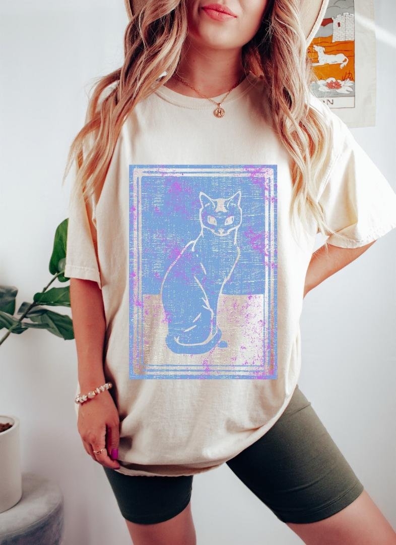 Tshirt, Blue Distressed Cat Oversized TShirt, Cat Shirt