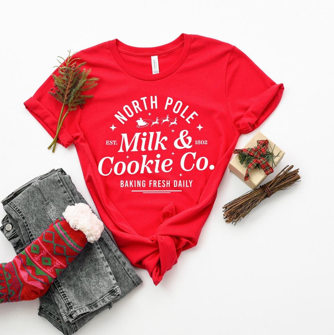 Santa Shirts, North Pole Milk Cookie Co Christmas Cheer Shirt, Christmas Coffee Shirts