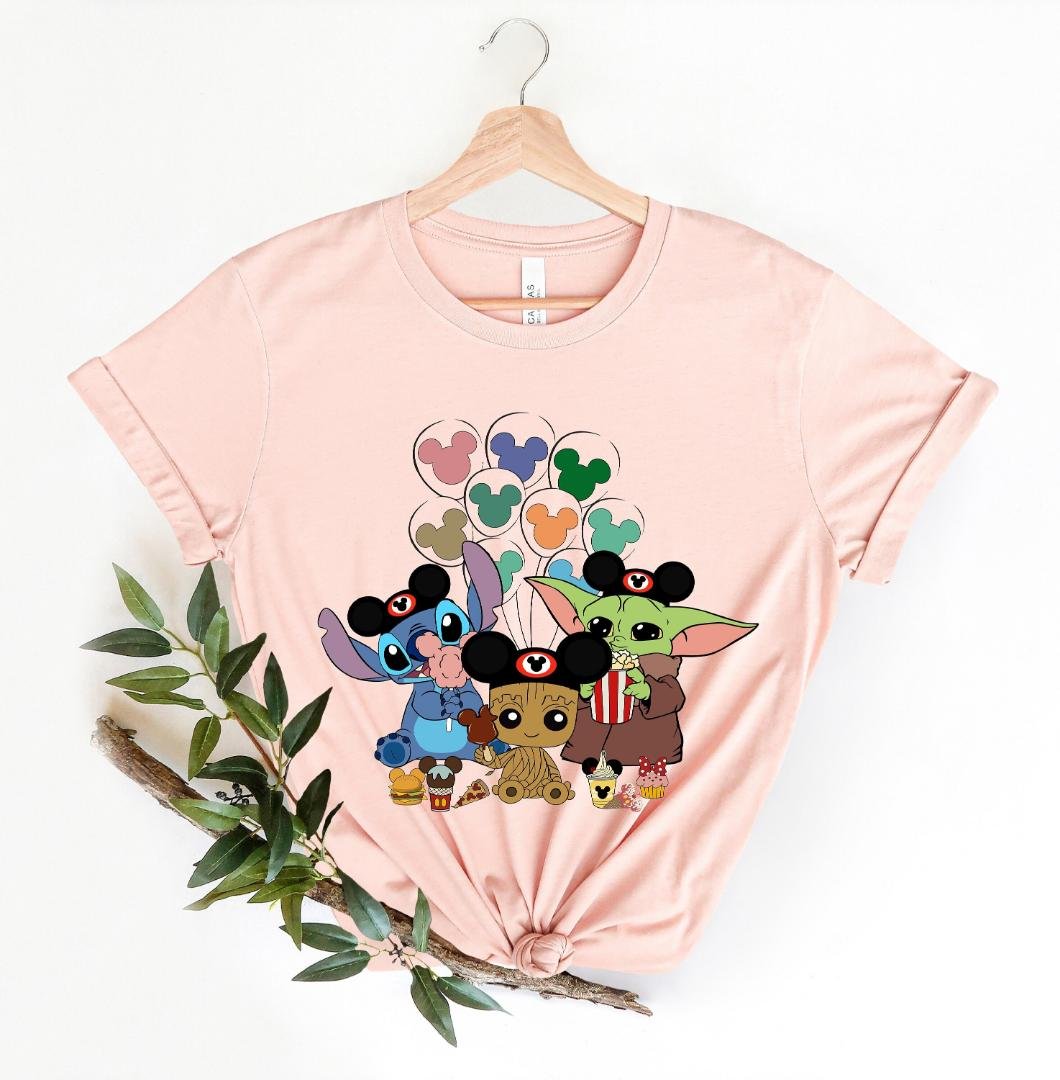 Disney Star Wars Shirt, Disney Stitch Baby Yoda And Groot With Mickey Balloons Shirt, Disney World