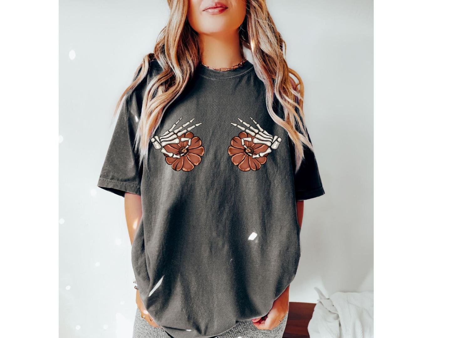 Funny Halloween Tees, ,Skeleton Hand Boob Shirt, Pumpkin