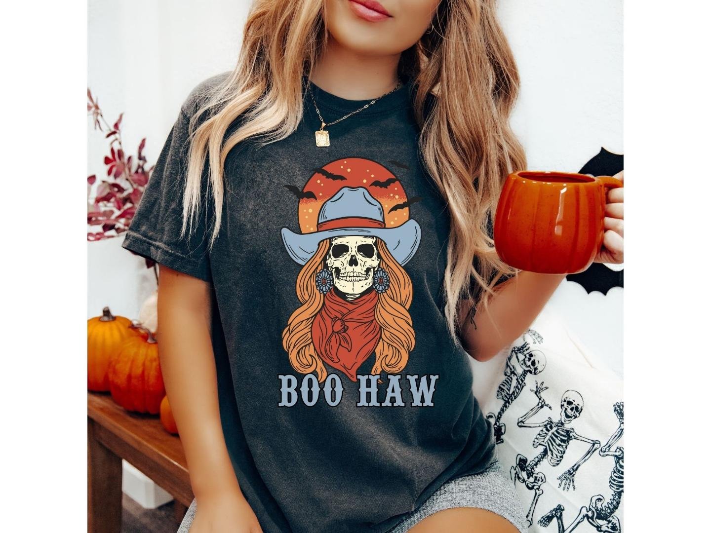Funny Hallowe, ,Skeleton Boo Haw Shirt,Western Halloween