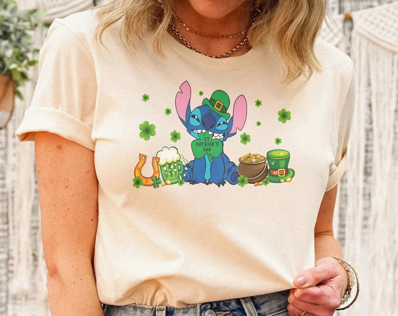 Happy St Patricks Day Shirt, Vintage Stitch Lucky Shamrocks Shirt, Stitch