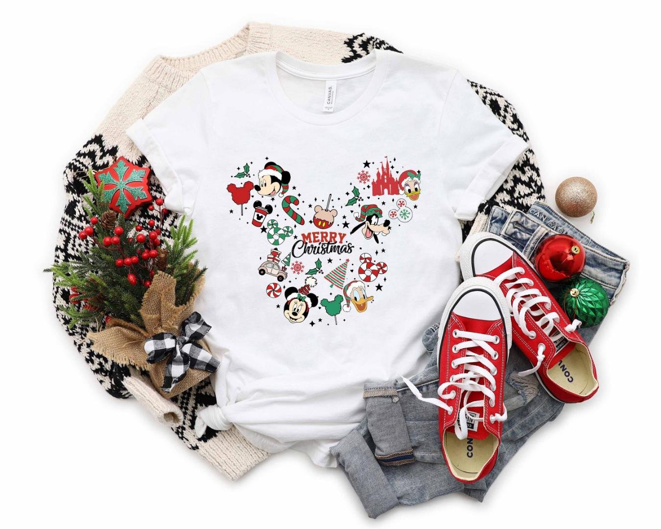 Disney Christma, Mickey Head Merry Christmas Shirt
