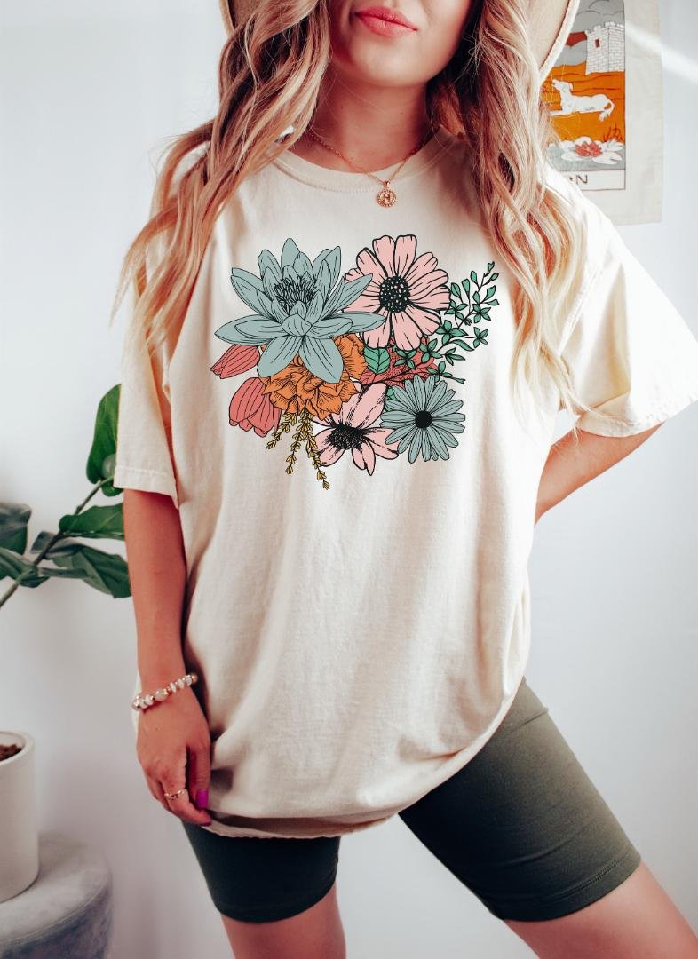 Pressed Flowers Tshirt,Boho Wildflowers Cottagecor