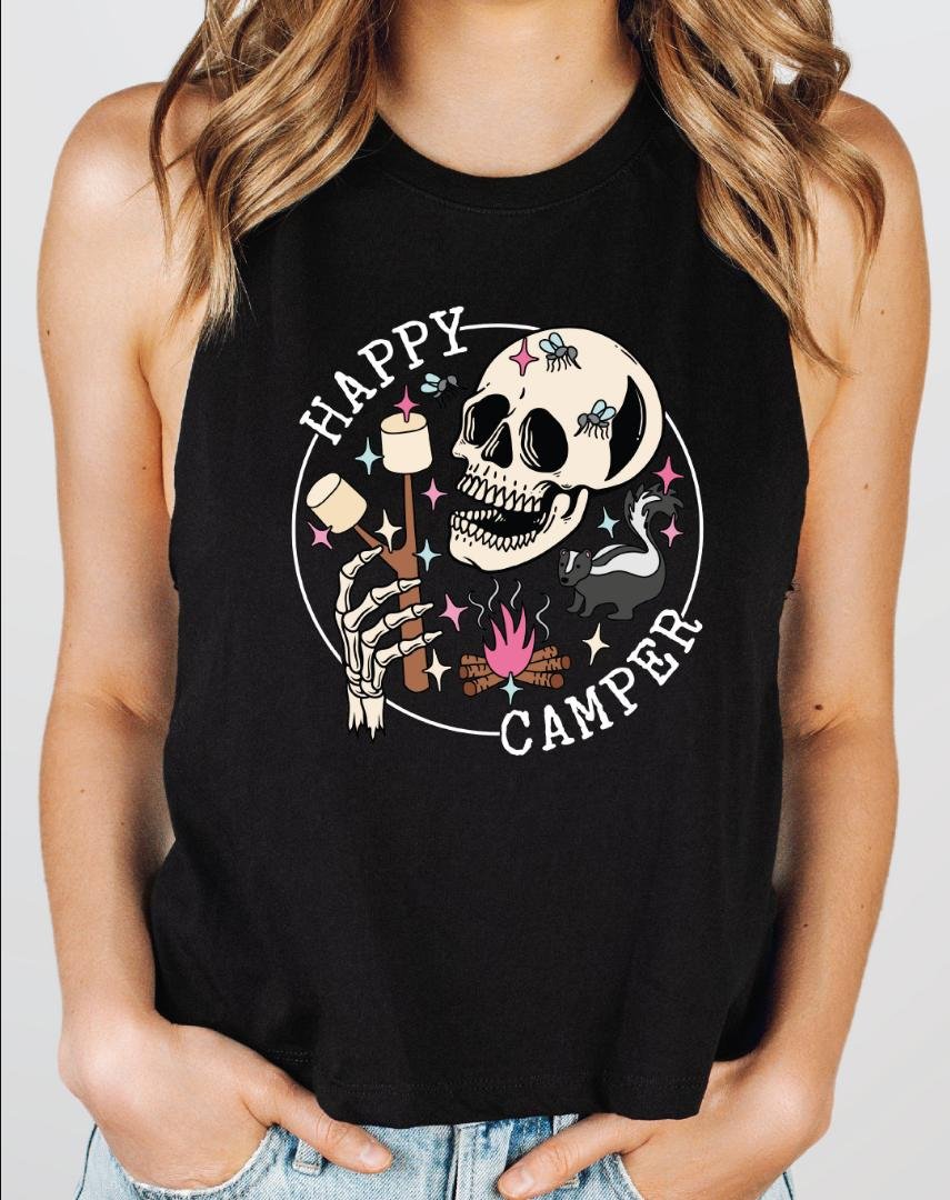Skeleton Camping Crop, Happy Camper Racerback Tank