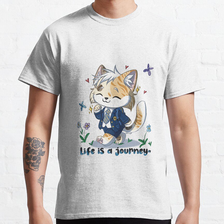 Cute chibi cat boy walking in school uniform T-shirt