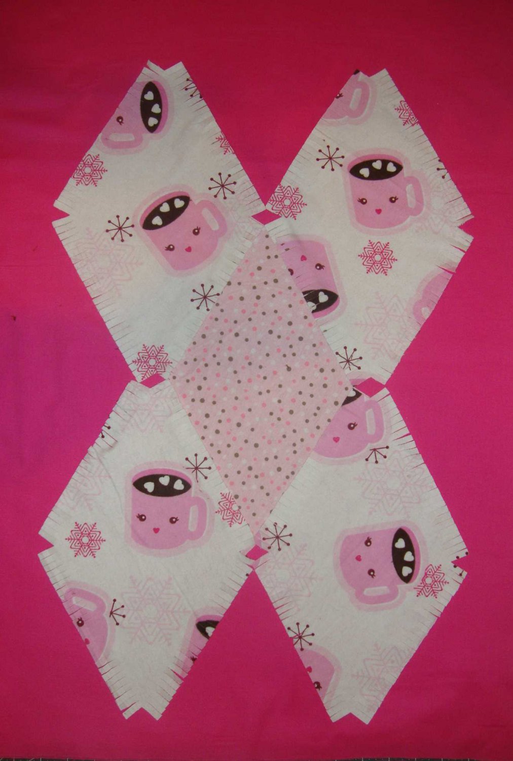 Flannel Rag Quilt Kit Hot Chocolate & Hearts Pink & Brown Diamond Pre Fringed Double Sided Blocks