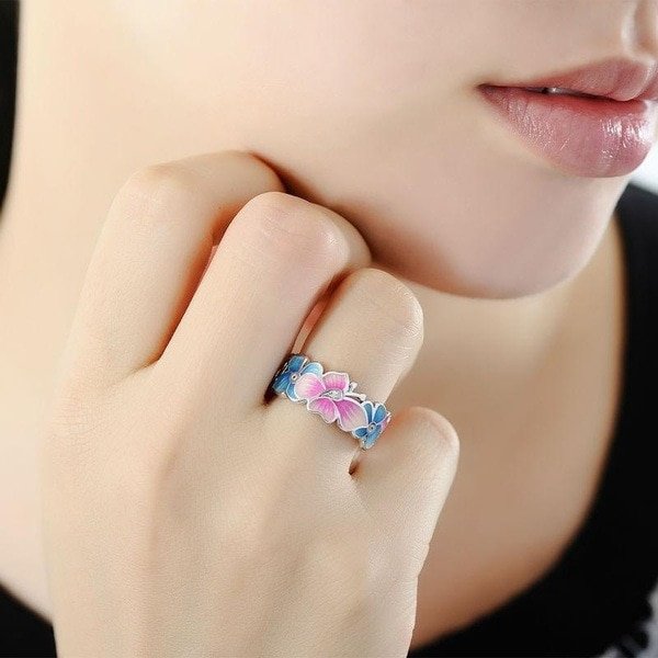 Enamel Butterfly Vintage 925 Silver Ring