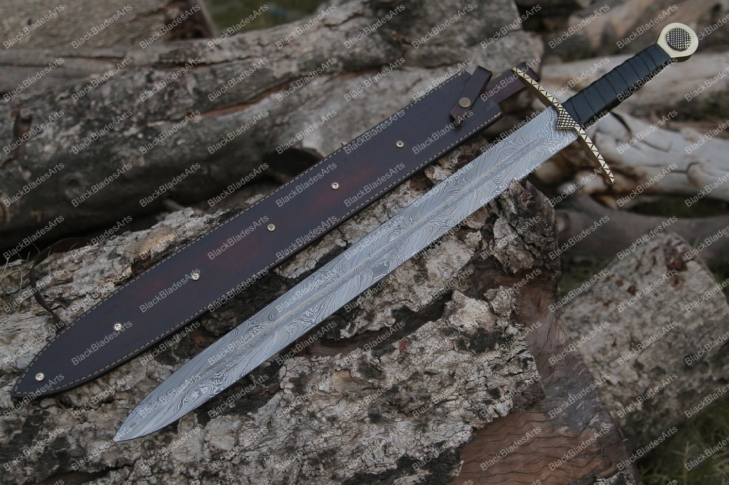Personalized Damascus Steel Sword Custom Handmade with Leather Sheath, Gift for Him Christmas
