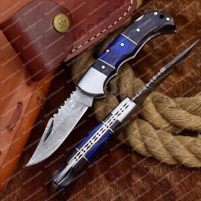Hand Forged Damascus Spacer Folding Knife Blue With Leather Sheath