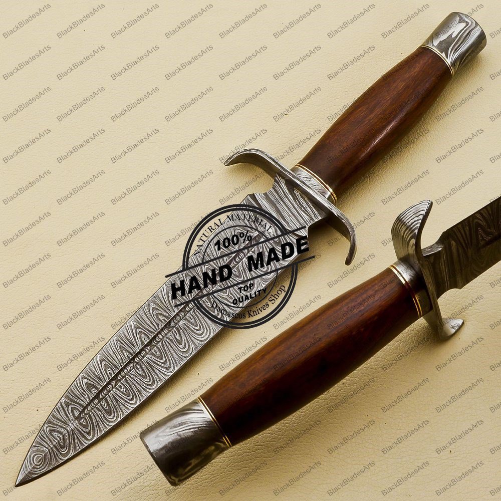 Damascus Dagger Knife Fixed Blade Handmade Damascus Steel Hunting Rose Wood Handle Leather Sheaths