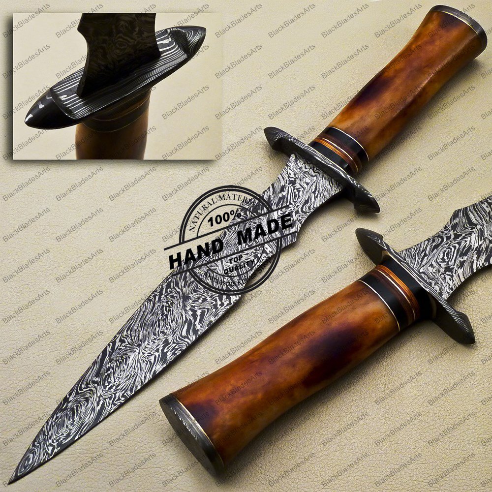 Damascus Dagger Knife Fixed Blade Handmade Damascus Steel Hunting Knife + Olive Wood Handle Sheath