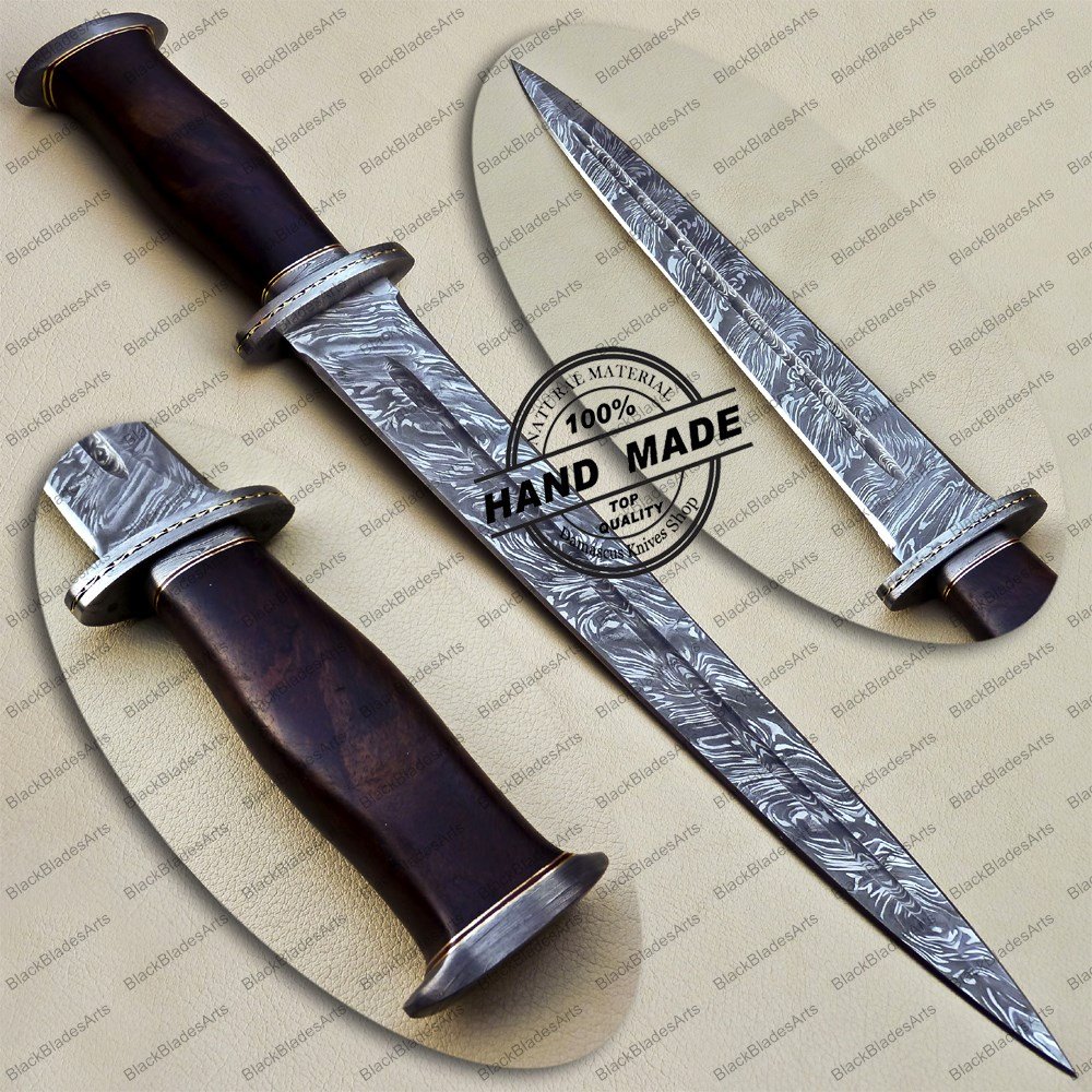 Damascus Dagger Knife Custom Handmade Damascus Steel Hunting Knife With Rose Wood Handle Sheaths