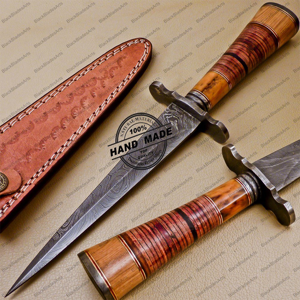Damascus Dagger Knife Custom Handmade Damascus Steel Knife with Colored Bone Handle With Sheaths